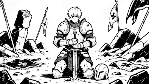 Fallen Warrior Kneeling In Battlefield