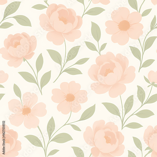 Wallpaper Mural Seamless floral pattern featuring light pink and peach flowers with green leaves on a soft cream background. Torontodigital.ca