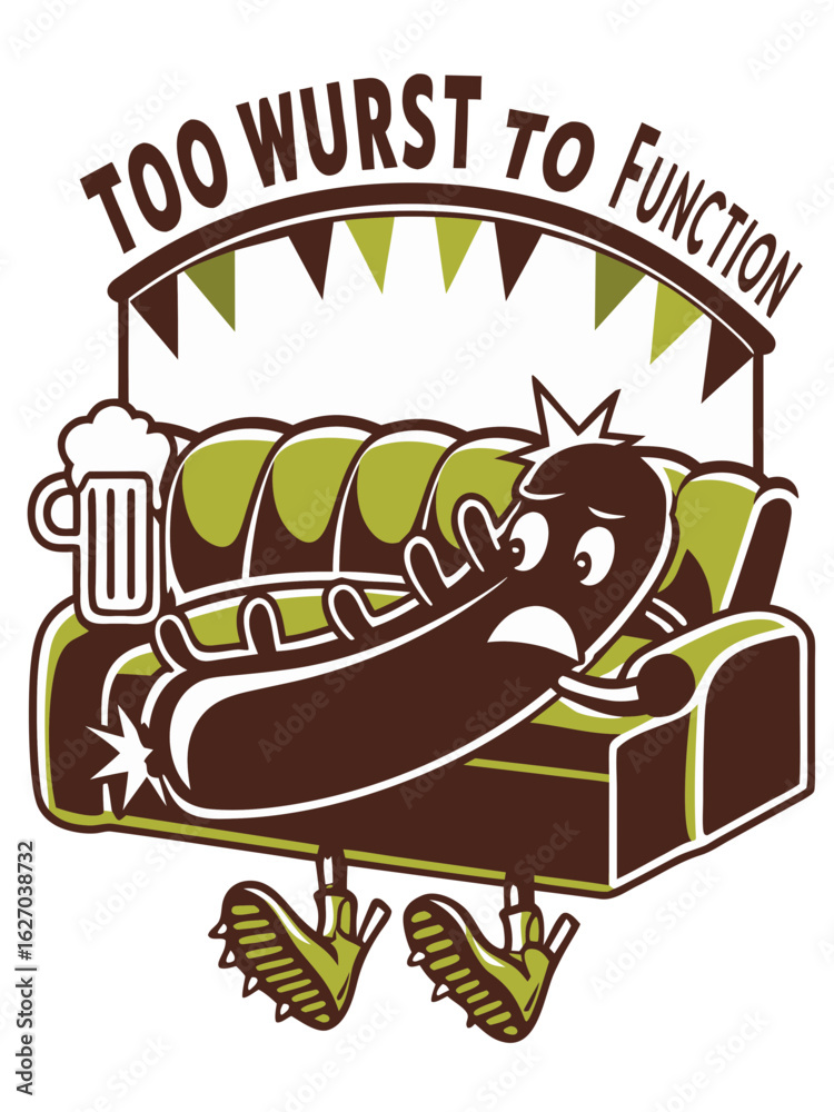 Obraz premium Cartoon sausage lounging on couch with beer, humorous relaxation