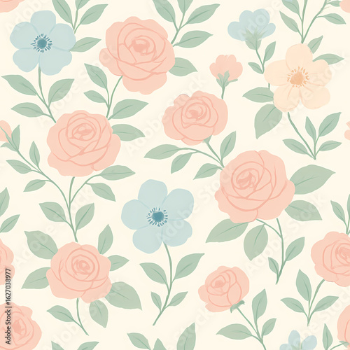 Wallpaper Mural Elegant seamless pattern featuring delicate peach roses, light blue anemones, and cream blossoms with green foliage on a soft cream background. Torontodigital.ca