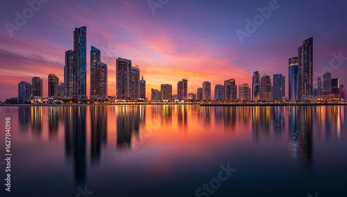 Sunset city skyline reflected in calm water