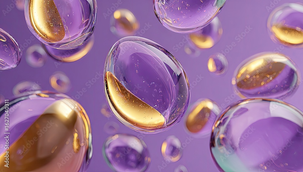 Fototapeta premium Floating, translucent spheres in purple and gold