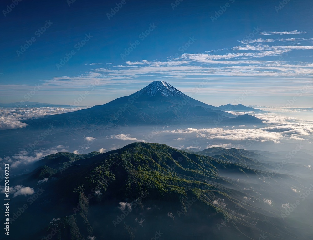Fototapeta premium Aerial view of majestic mountain peak above a sea of clouds