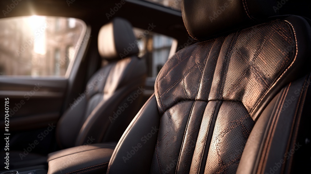 Obraz premium Car Seat Interior Detail Leather Stitching Texture, Lit by Sunlight on Road