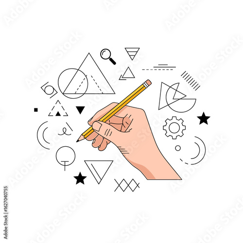 Hand holding a pencil surrounded by geometric shapes and design elements in an illustration