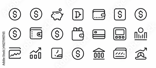Clean and modern vector  finance and banking vector icon set for business investment and money management linear design with dollar sign 100