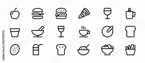 Clean and modern vector  food and drink vector icons set collection of restaurant menu elements and cooking ingredients outline style 100