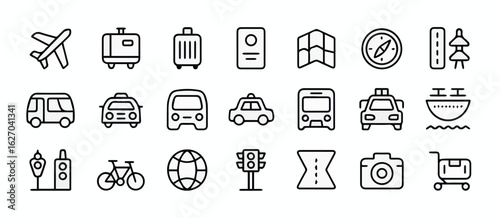 Clean and modern vector  travel transportation icons set vector design for holiday vacation tourism adventure and trip 100 character