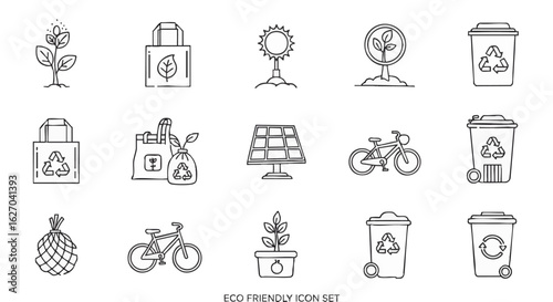 Eco-friendly lifestyle icons:  recycling, renewable energy, and sustainable practices.