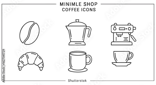 Simple line art coffee shop icons: bean, moka pot, espresso machine, croissant, mugs.