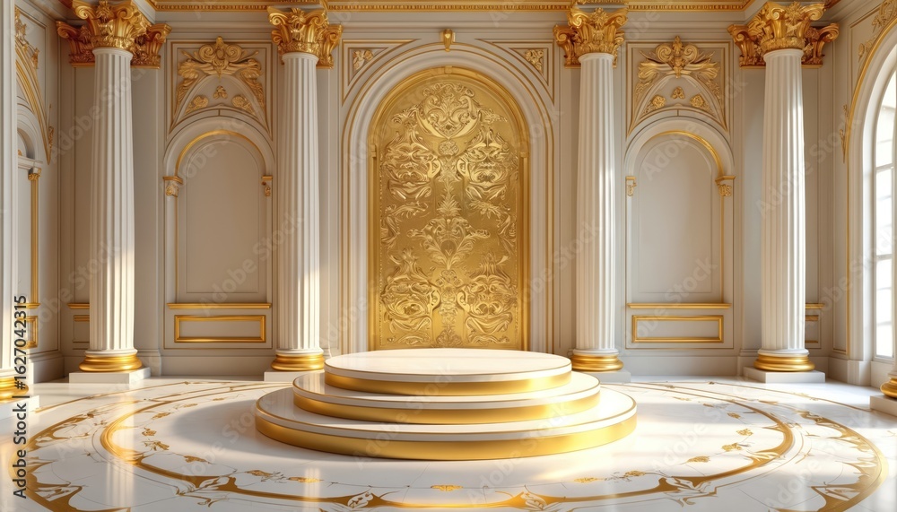 Obraz premium Luxurious interior features shiny golden podium with intricate baroque patterns. Grand hall with classical columns, ornate golden door, marble floor. Ideal for award ceremonies, royal events, opulent
