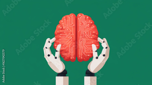 A digital illustration of robotic hands holding a circuit-brained image against a green background, symbolizing the fusion of technology and intelligence.