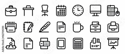 Clean and modern vector  office stationery vector icon set business equipment elements desk calendar clock and more thin line style 100