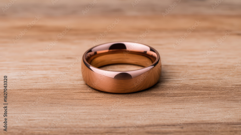 A polished rose gold ring resting on a wooden surface, showcasing its sleek design and reflective surface. A polished rose gold ring resting on a wooden surface, showcasing its sleek design and reflective surface.