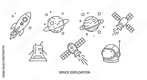 Collection of Space Exploration Icons Rocket, Planets, Satellites, Lander, and Astronaut Helmet