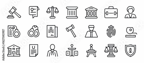 Clean and modern vector  law legal justice attorney court gavel courthouse icons vector set for legal services and representation