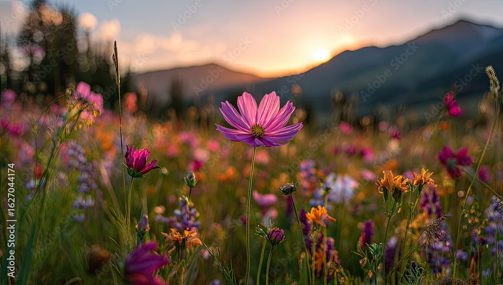 Obraz premium Vibrant wildflowers in a meadow at sunset. Mountain backdrop