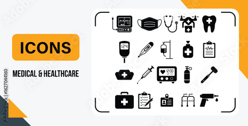 Icon set of medical and healthcare elements including stethoscope, syringe, thermometer, oxygen tank, IV drip, health report, and diagnostic tools. Ideal for hospital, clinic, or wellness designs.