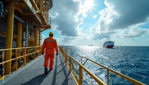 Petroleum engineer in orange coveralls walks on offshore oil rig platform. Sun shines on blue ocean waves, clouds in sky. Support vessel sails in distance. Industrial marine energy sector work.