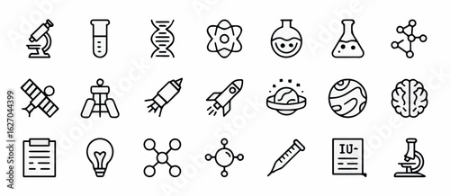 Clean and modern vector  science and research icons vector set for laboratory, biology, chemistry, and space exploration projects