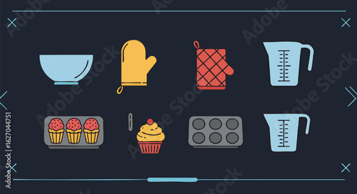 A collection of colorful baking equipment icons on a dark background. Vector illustration set featuring oven mitts, mixing bowls, and cupcakes for culinary design projects