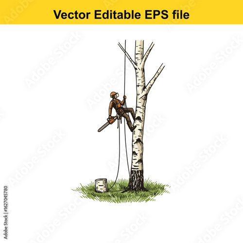 Vector art of arborist climbing a tree with a chainsaw, isolated on white background long horn, , long horn