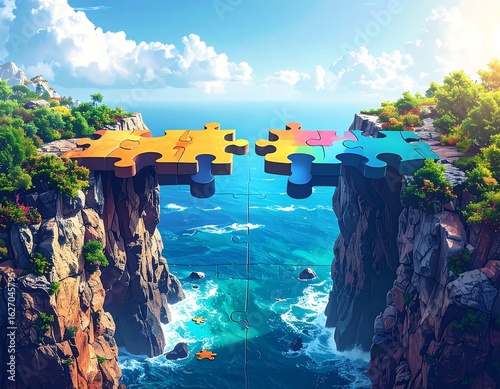 Colorful puzzle pieces forming a bridge over a body of water