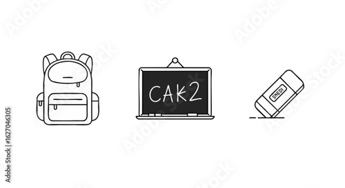 Minimalist line art icons of school and education supplies. Vector set featuring a backpack, chalkboard, and eraser symbol for design projects