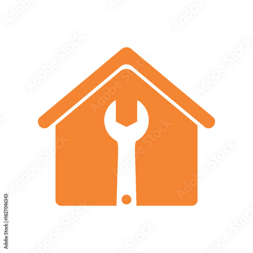 Home repair and maintenance service icon with a wrench tool inside a house silhouette, simple orange vector graphic logo.