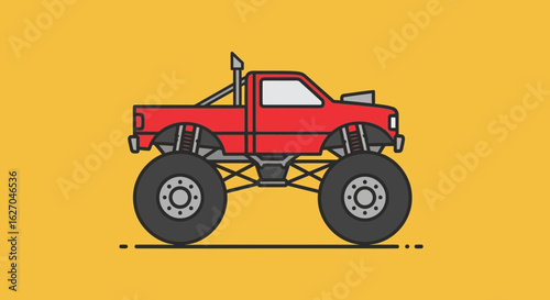 Cartoon monster truck illustration with oversized tires and a red body on a yellow background offering a playful and bold design