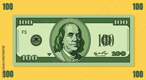 Illustrated one hundred dollar bill with Ben Franklin and peace symbol amidst financial abundance and prosperity