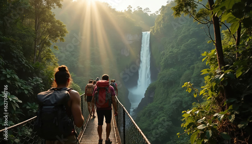 Fototapeta Naklejka Na Ścianę i Meble -  Group of hikers with backpacks crosses suspension bridge in dense jungle. Majestic waterfall flows in background. Sun rays filter through rich trees, creating misty atmosphere. People explore nature,