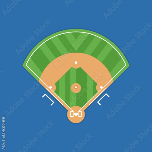 Vector illustration of a baseball field layout showcasing the infield, outfield, bases, and home plate on a blue background