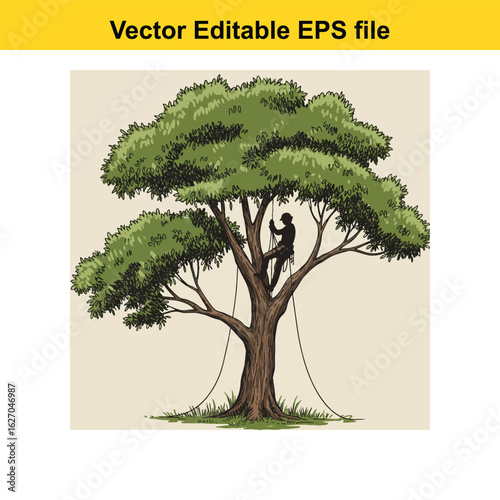 Vector art of tree pruning by an arborist with a chainsaw, isolated on white background