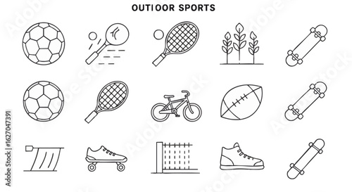 Diverse Outdoor Sports Icons Soccer, Tennis, Skateboarding & More