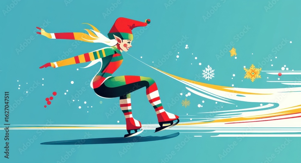 Fototapeta premium Festive elf ice skating in bright winter scene with snowflakes