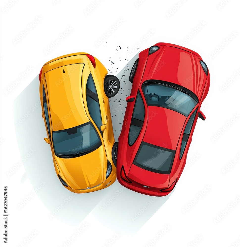 Fototapeta premium Top view illustration of yellow and red sports cars in a minor collision