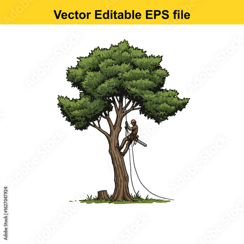 Vector art of arborist with chainsaw climbing a tree, isolated on white background long horn, , long horn