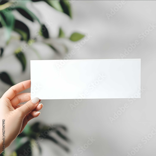 POV shot of a persons hand holding a long rectangle blank white bumper sticker to the camera product photo product mockup