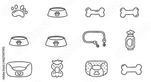 A set of pet care line icons. Dog and cat supplies like a food bowl, bone, leash, and bed. Vector outline illustration.