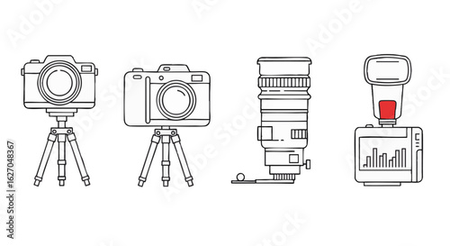 A collection of photography equipment line art icons, including a camera on a tripod, a telephoto lens, and an external flash unit.