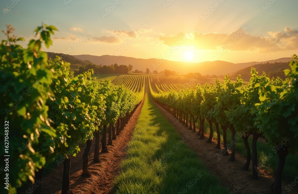 Fototapeta premium Lush green vineyard at golden hour with endless grapevine rows. Clear skies and warm sunlight over nature landscape. Agriculture, winemaking, harvest, grape cultivation.