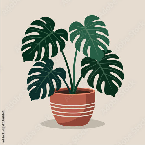 Clean and modern vector  monstera plant in pot illustration for home decor and indoor plants lovers with tropical foliage design art