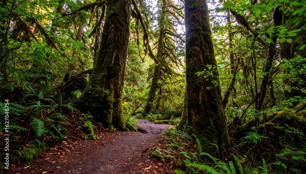 Obraz premium Lush forest path through moss-covered trees