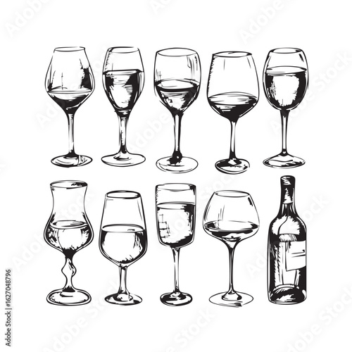 Hand Drawn Wine Glasses and Bottle Set. Vintage Blue Sketch