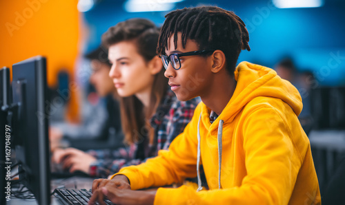Multi-ethnic students coding together in bootcamp