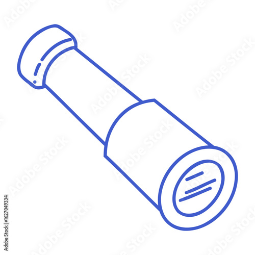 Spyglass in marine blue line art style. Hand drawn marine icon. Outline vector isolated illustration.