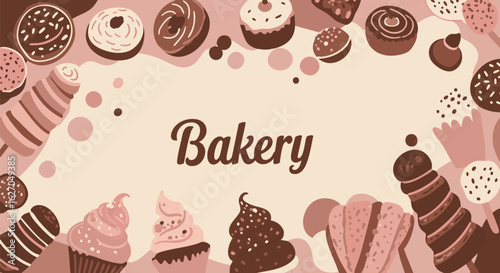 Bakery banner template with a frame of delicious chocolate sweets, cupcakes, and donuts. Vector illustration for confectionery design.