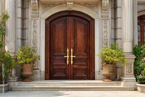 Double door mansion entrance made of rich mahogany wood, ornate gold handles, grand stone pillars