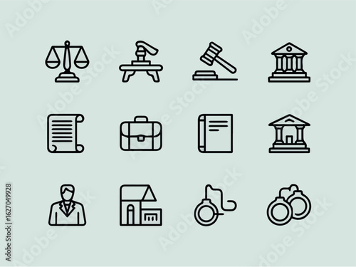 Clean and modern vector  law legal justice attorney court lawyer case crime judge gavel balance document handcuffs icons vector 100